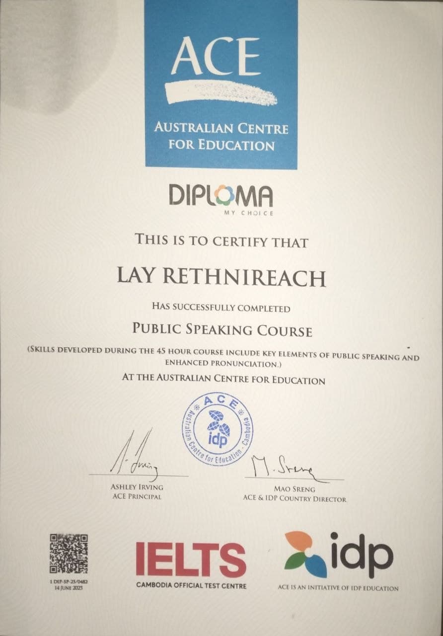 Completed 3 ACE diploma courses (Public Speaking, Popular Cinema, and English for Tourism) 1