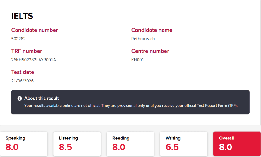Scored 8.0 on IELTS on computer test