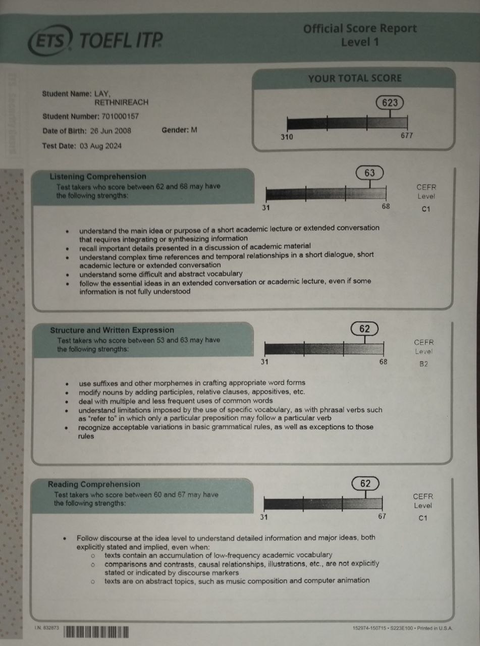 Scored 623 / 677 on the TOEFL BPT 1